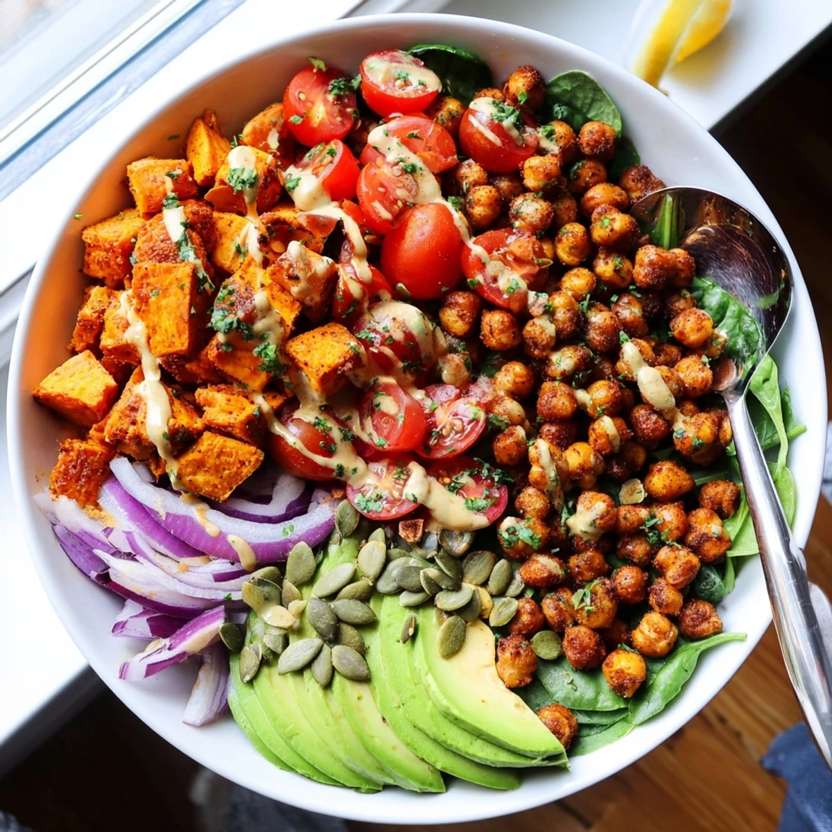 Colorful sweet potato chickpea bowl topped with zesty tahini sauce and toasted pumpkin seeds