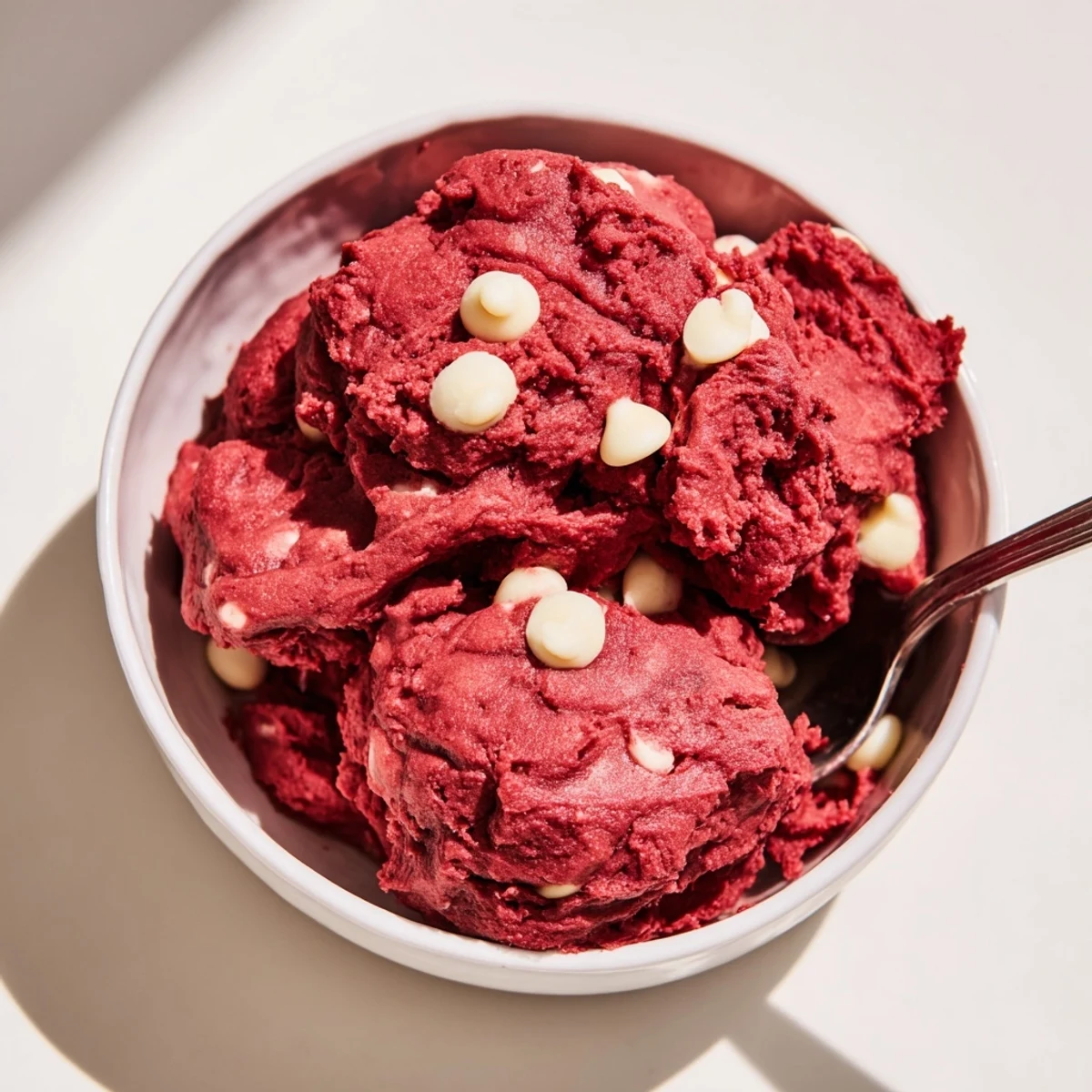 Creamy edible red velvet cookie dough scooped into a rustic white bowl