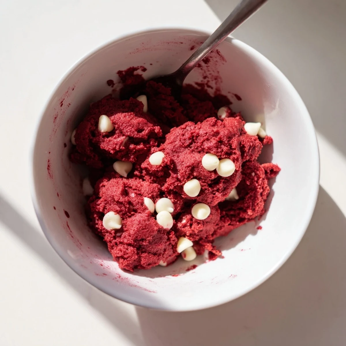 Vibrant edible red velvet cookie dough dotted with white chocolate chips