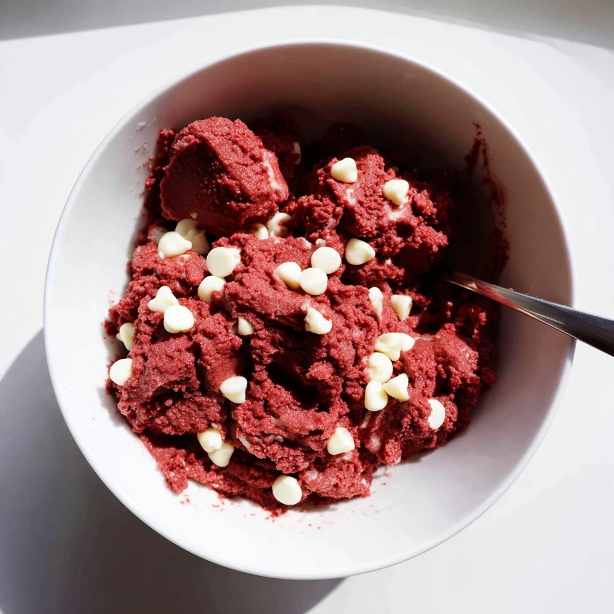 Rich edible red velvet cookie dough rolled into bite-sized treat balls