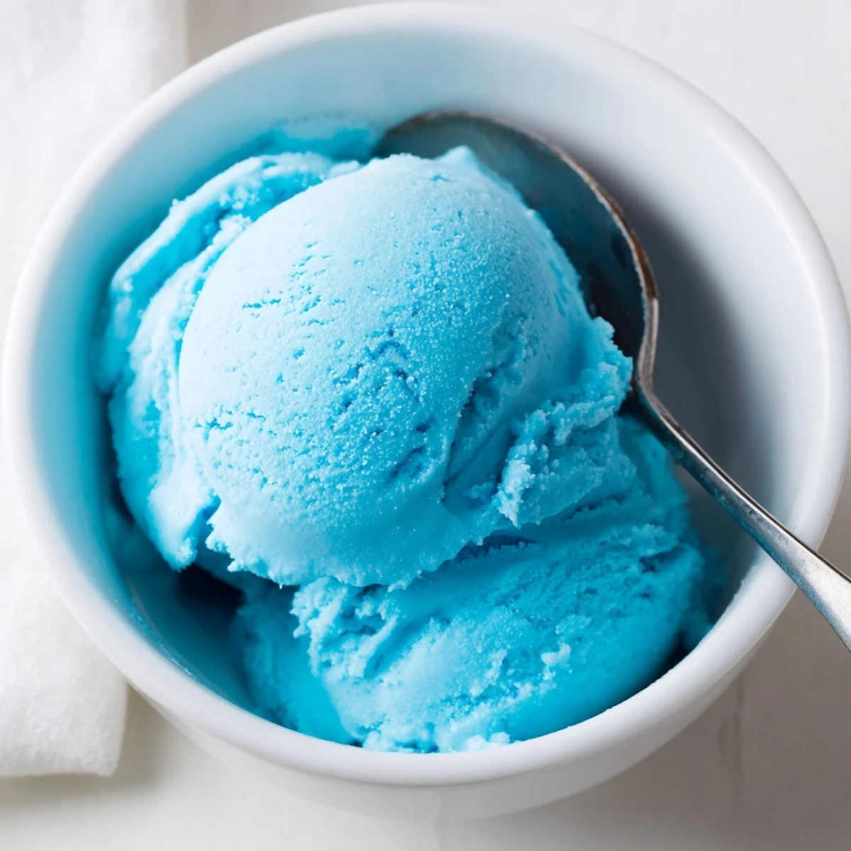 Smooth fruity Blue Moon ice cream with a bright cerulean swirl scooped into summer cones