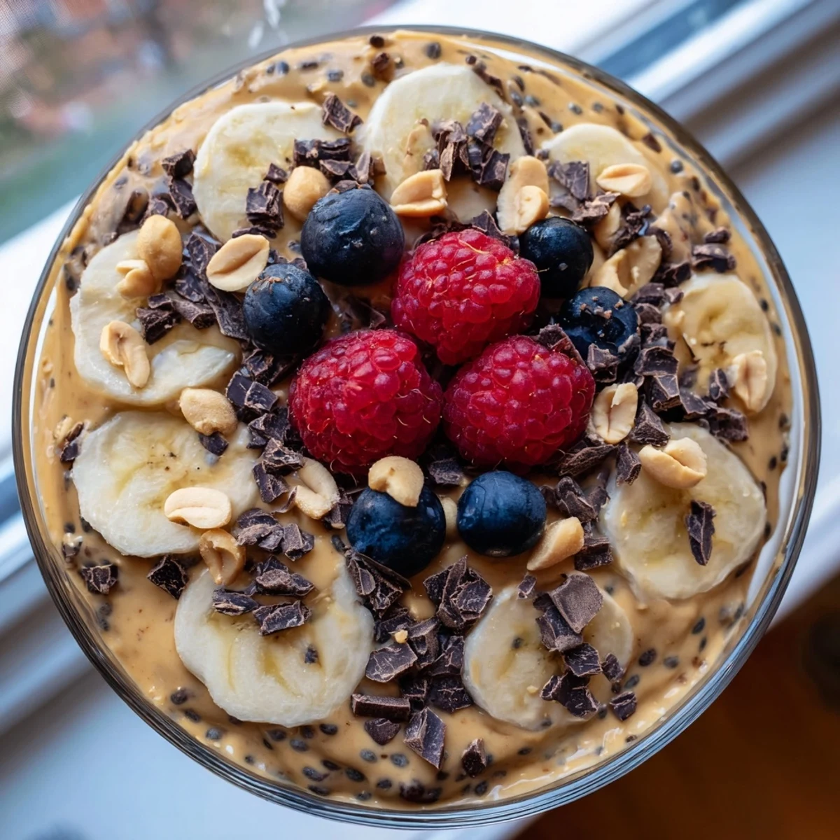 Thick peanut butter chia pudding served in a glass jar with chocolate shavings