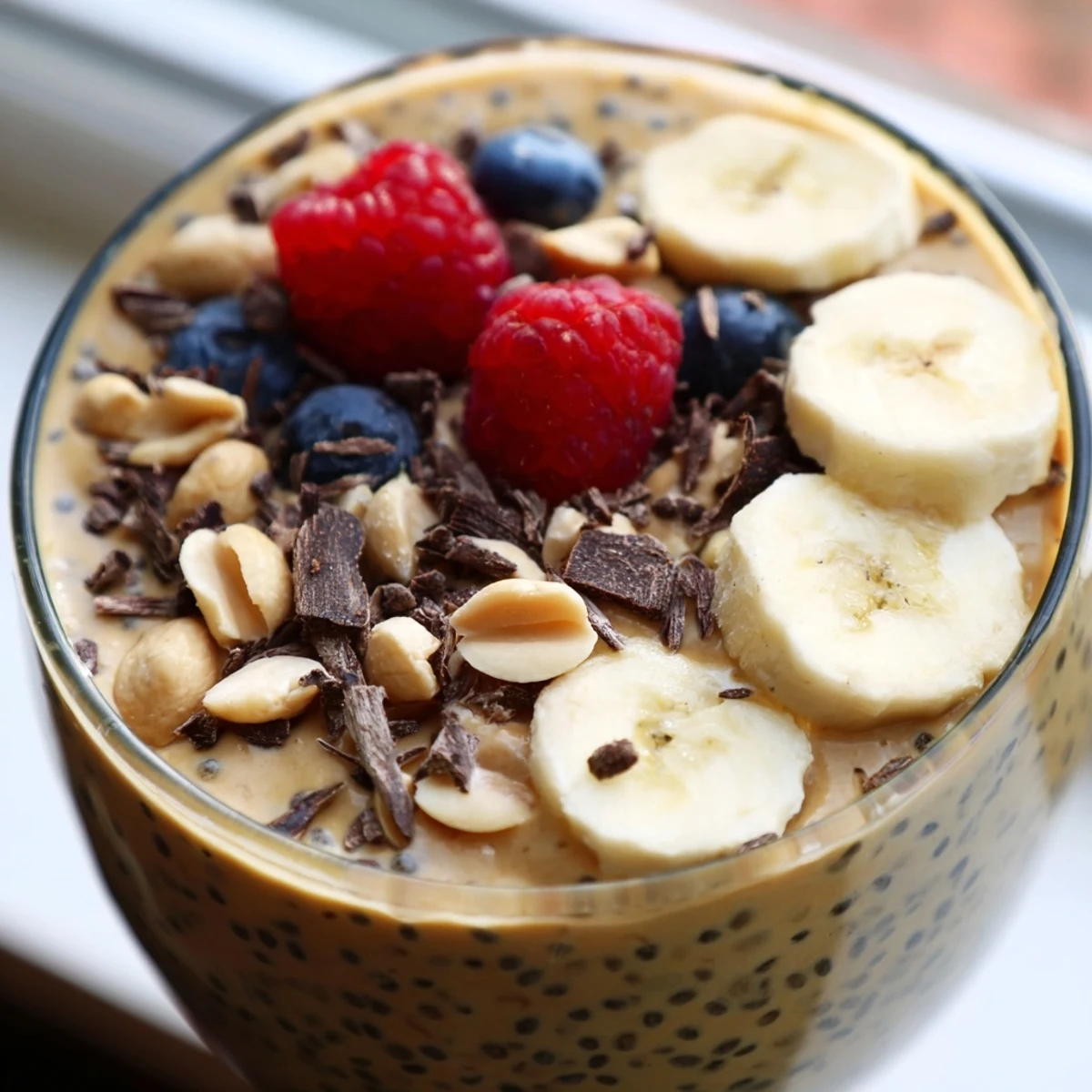 Creamy peanut butter chia pudding topped with banana slices and fresh berries