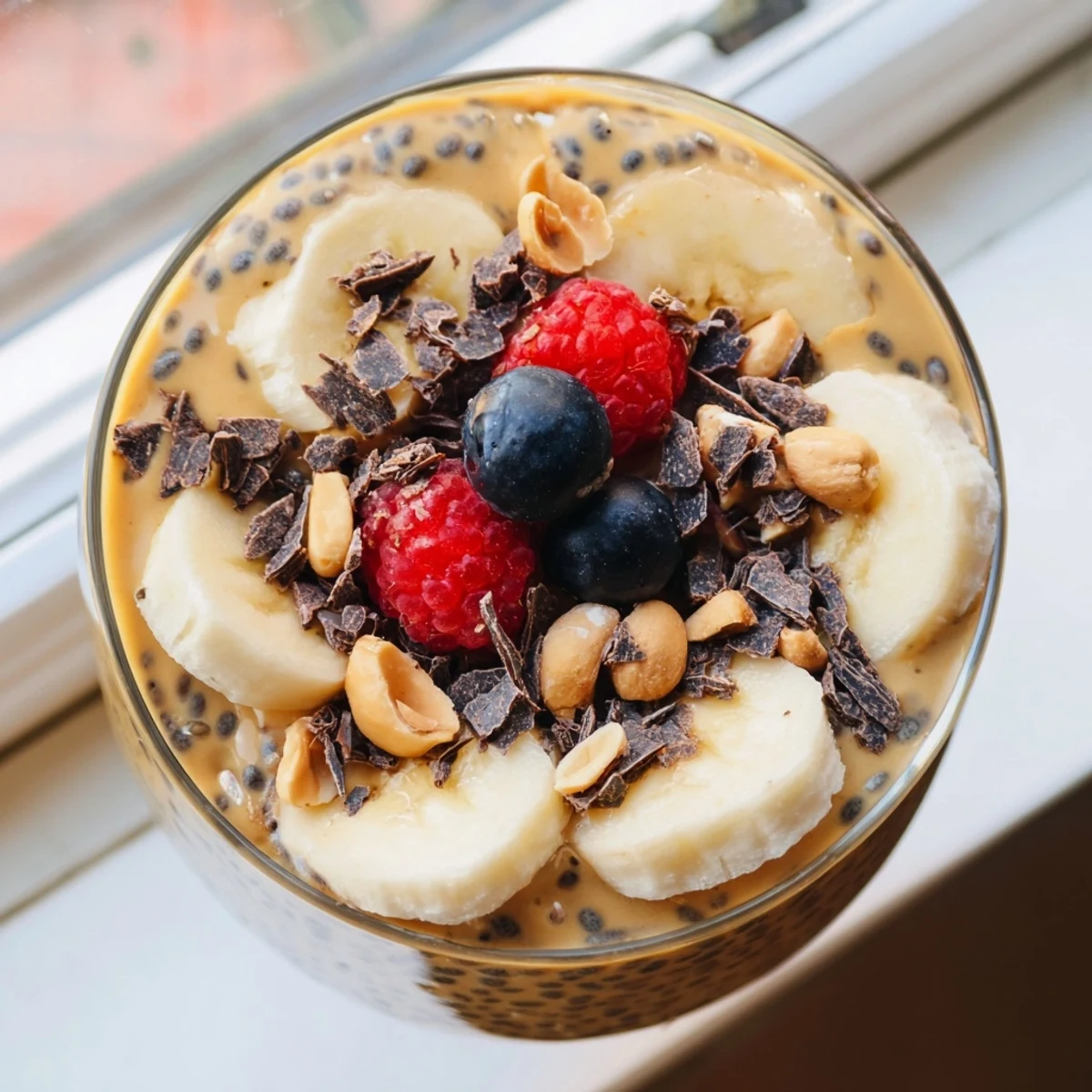 Rich peanut butter chia pudding garnished with chopped roasted peanuts in a bowl