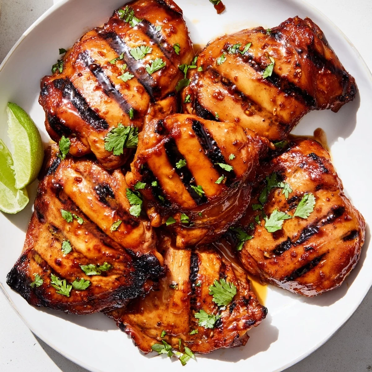 Juicy Sweet N Spicy Grilled Chicken Thighs with caramelized edges and fresh cilantro garnish
