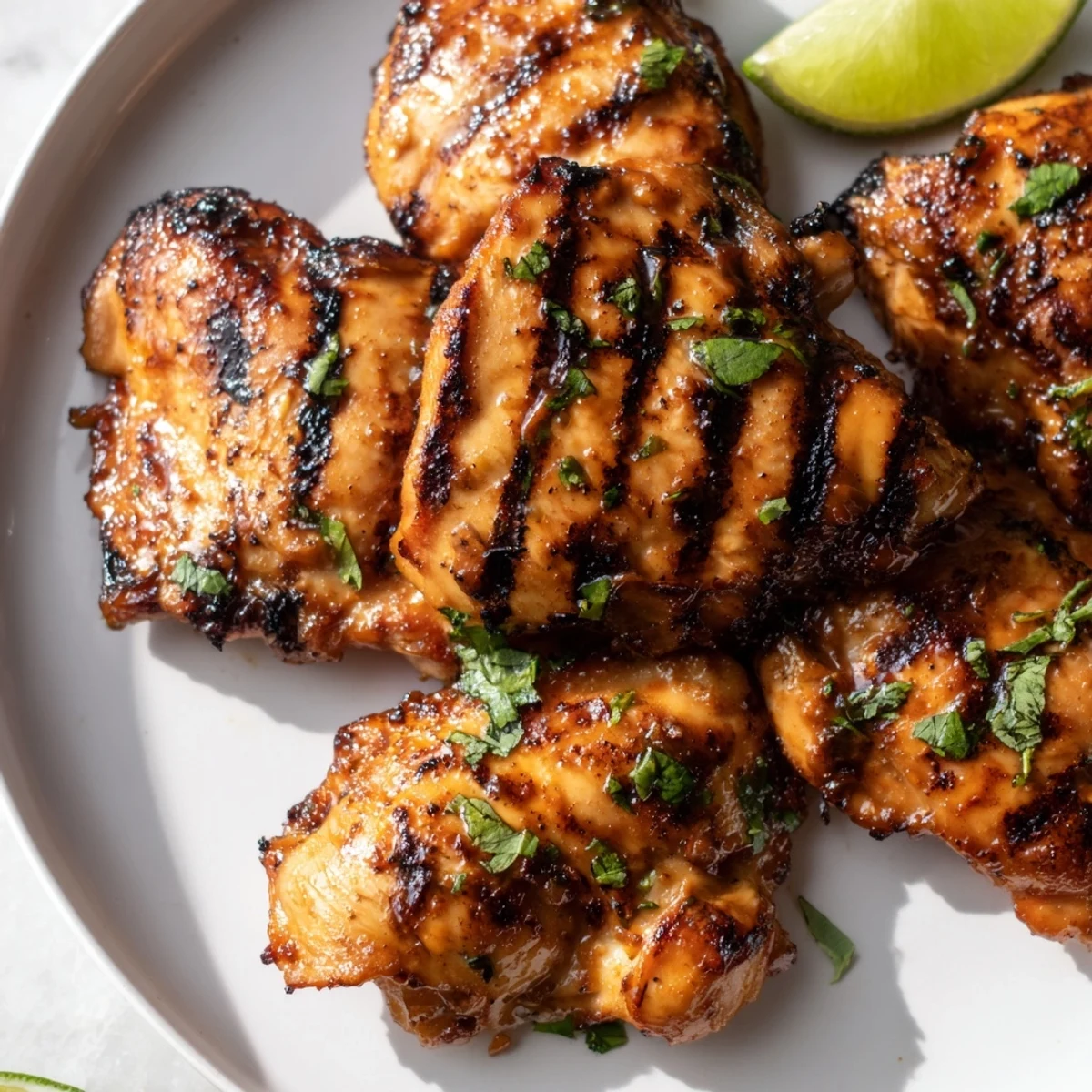 Sweet N Spicy Grilled Chicken Thighs sizzling off the grill with charred honey glaze