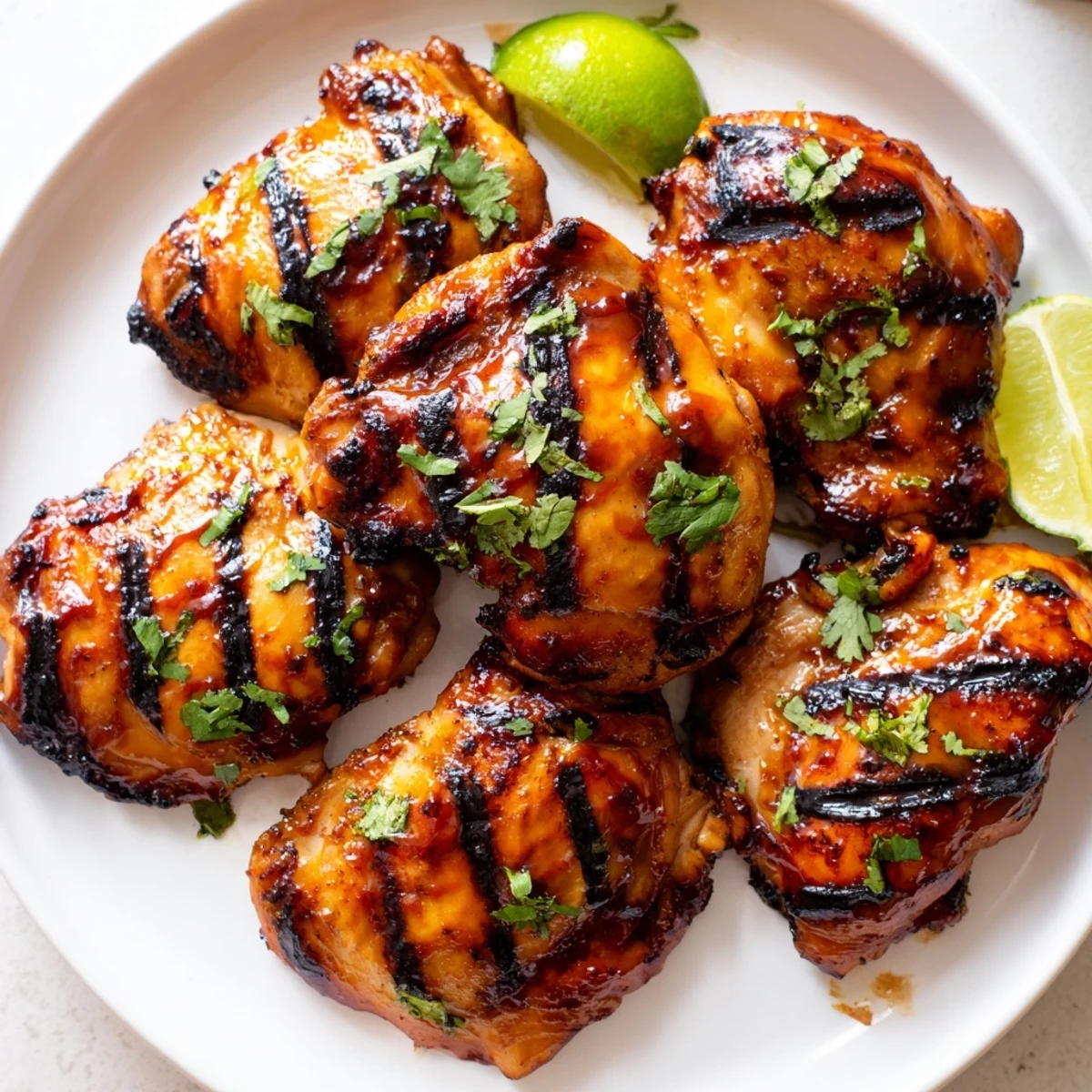 Golden Sweet N Spicy Grilled Chicken Thighs served alongside lime wedges on a summer platter