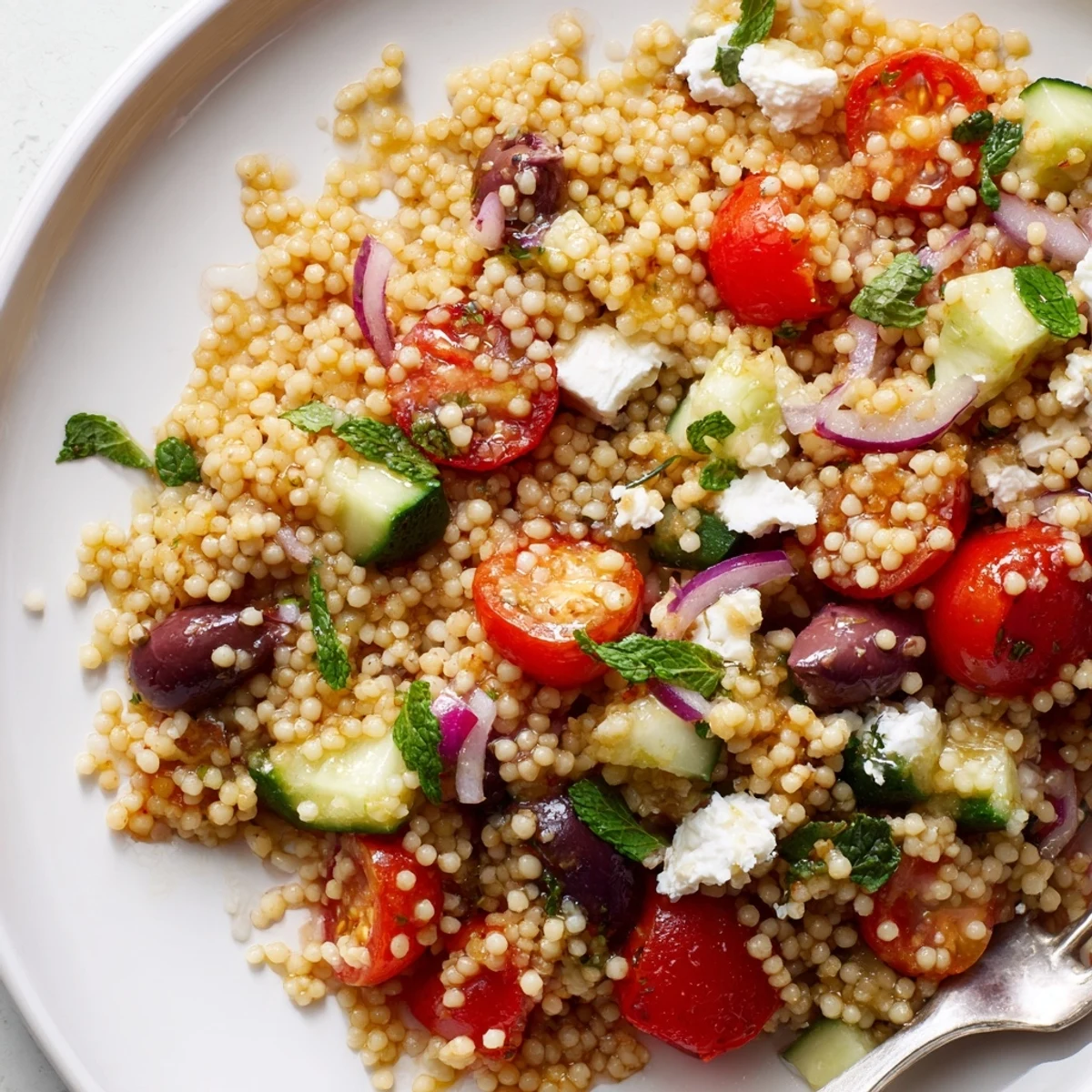 Colorful Mediterranean couscous salad with juicy tomatoes, briny olives, and tangy vinaigrette.