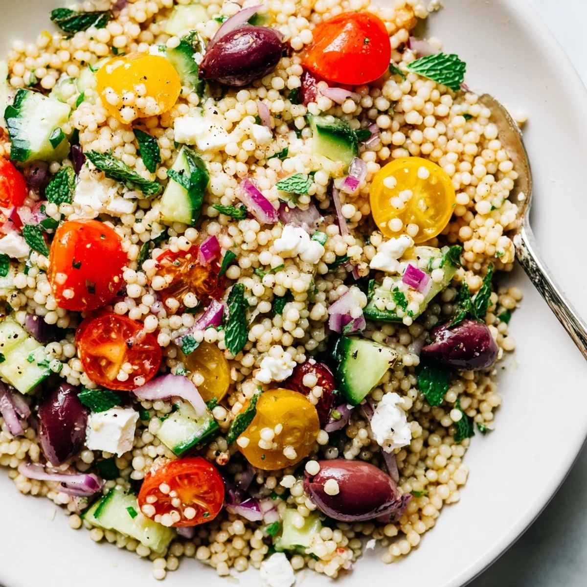Fluffy Mediterranean couscous salad drizzled with spicy-sweet hot honey lemon dressing.