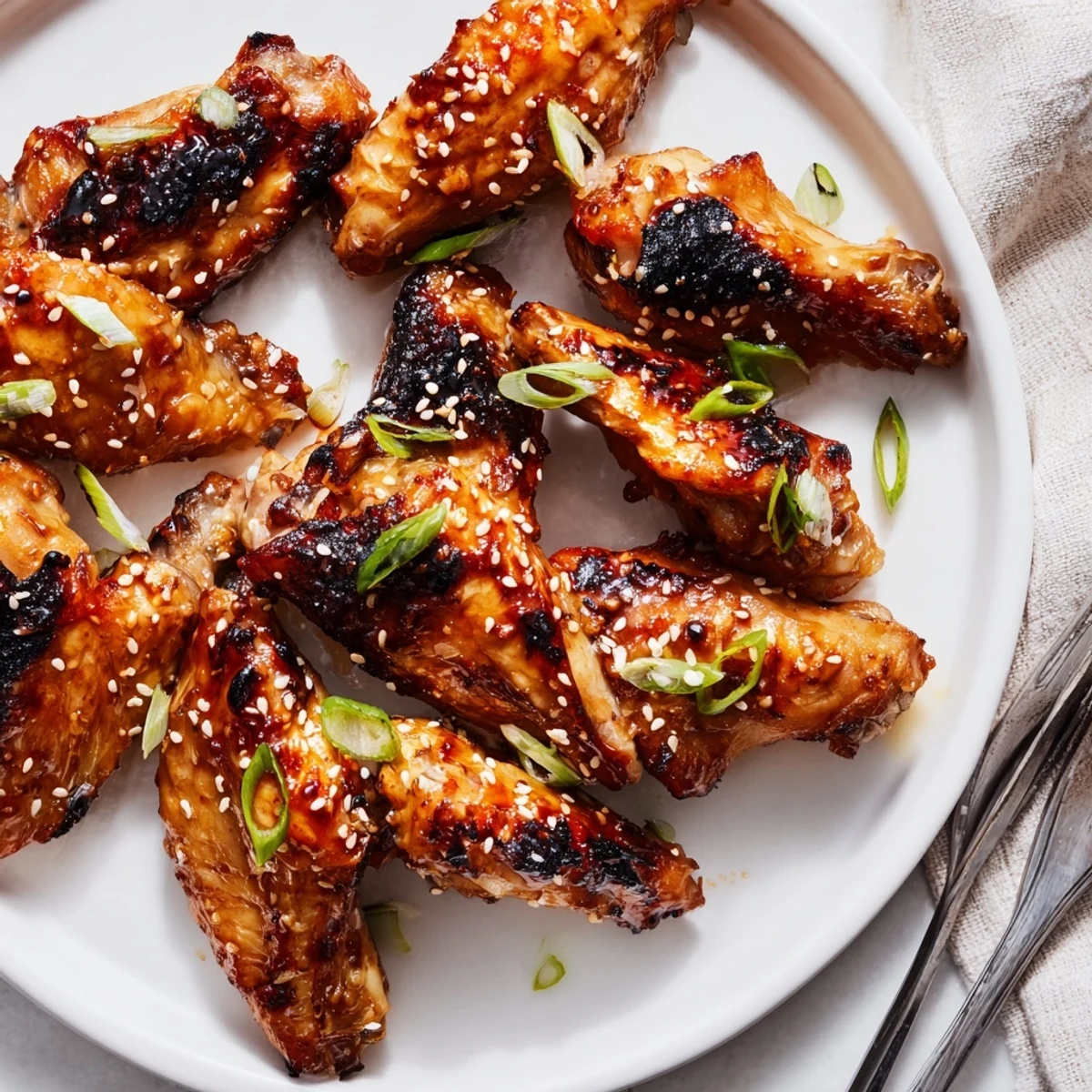 Crispy miso honey marinated chicken wings glazed golden on a parchment-lined baking sheet