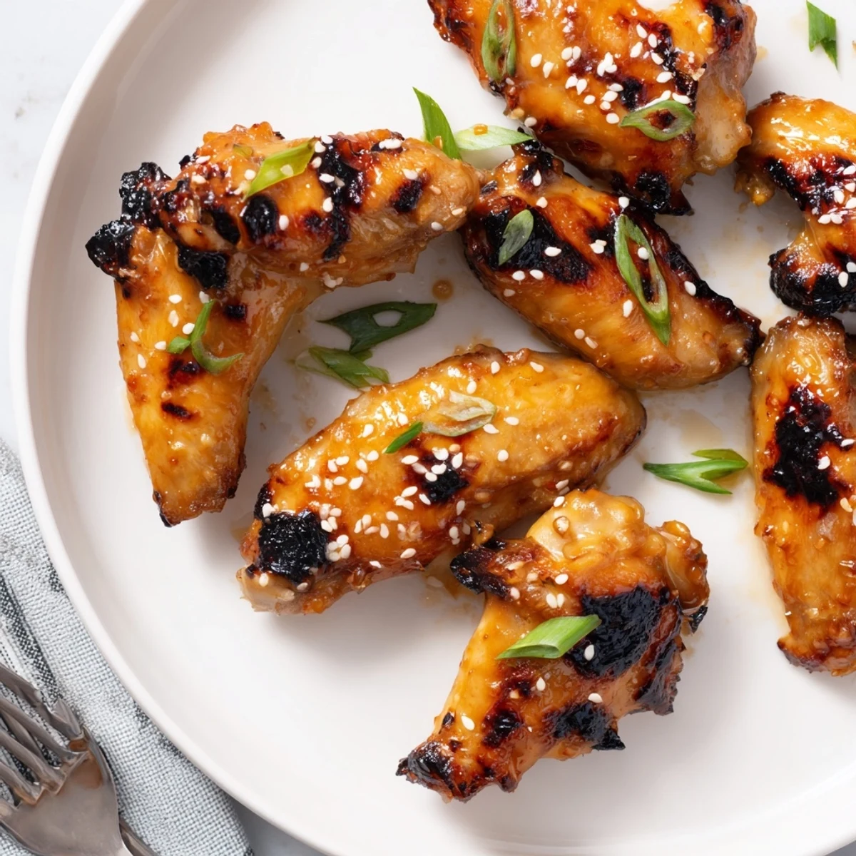 Sticky miso honey marinated chicken wings topped with sesame seeds and green onions