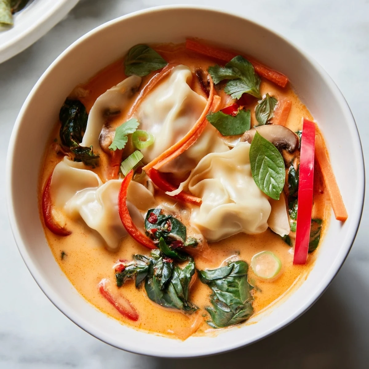 Steaming bowls of Creamy Thai Dumpling Soup topped with fresh herbs and chili slices