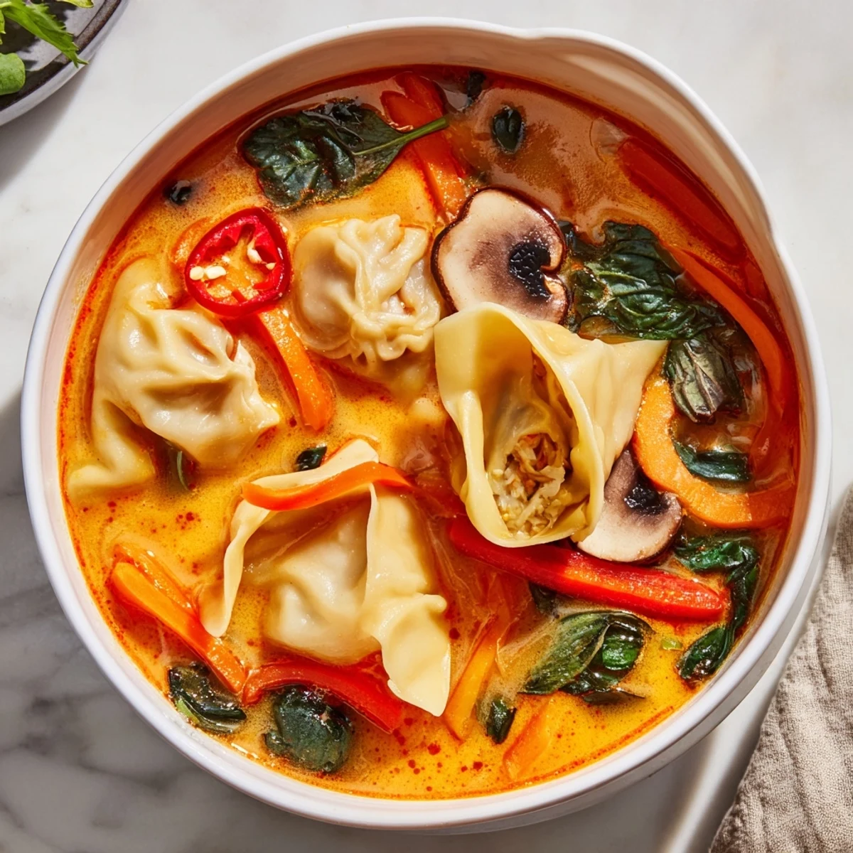 Golden coconut broth with plump dumplings and colorful vegetables in Thai Dumpling Soup