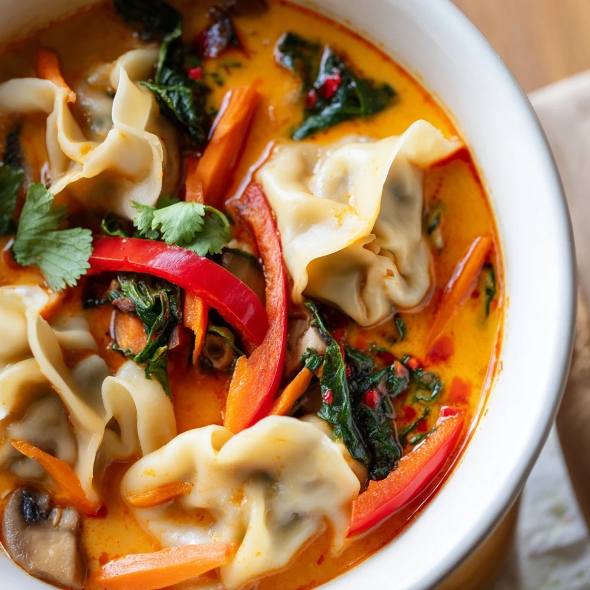 Creamy Thai Dumpling Soup ladled into bowls with wilted spinach and tender wontons