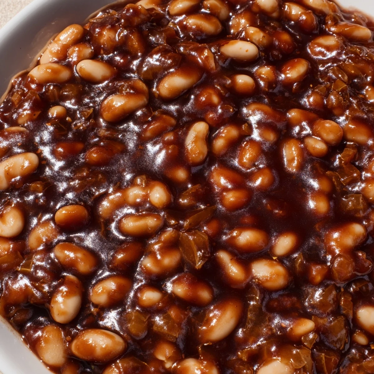 Quick Barbecued Beans glistening in thick, smoky sauce served in a rustic bowl
