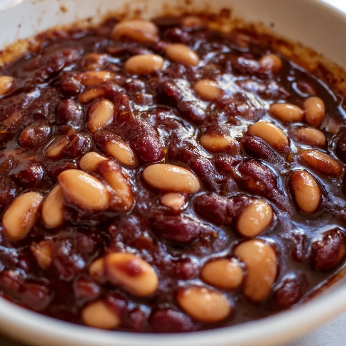 Quick Barbecued Beans bubbling in a tangy, dark molasses sauce on a stovetop