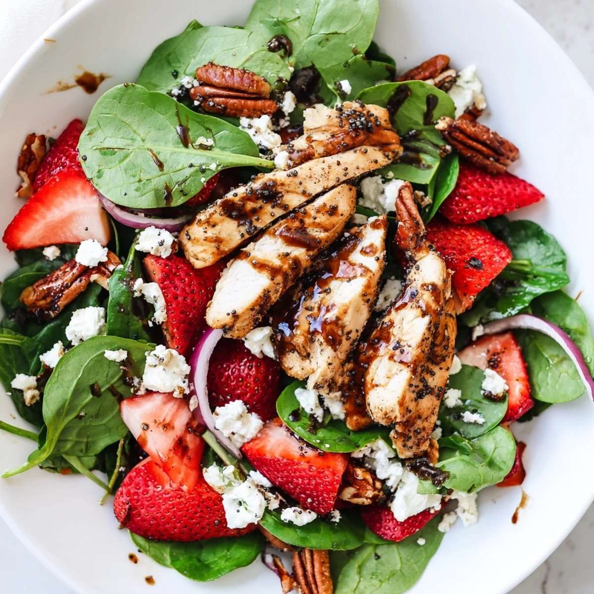 Strawberry Chicken Salad with sliced chicken, ripe berries, feta, and leafy greens on a white plate.