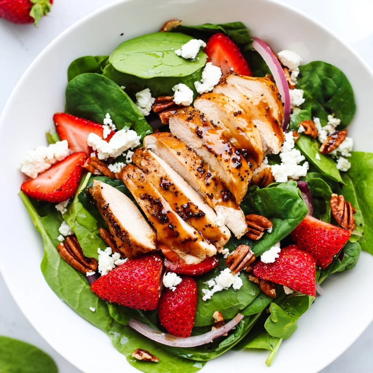 A vibrant bowl of Strawberry Chicken Salad topped with toasted pecans and drizzled with poppy seed dressing.