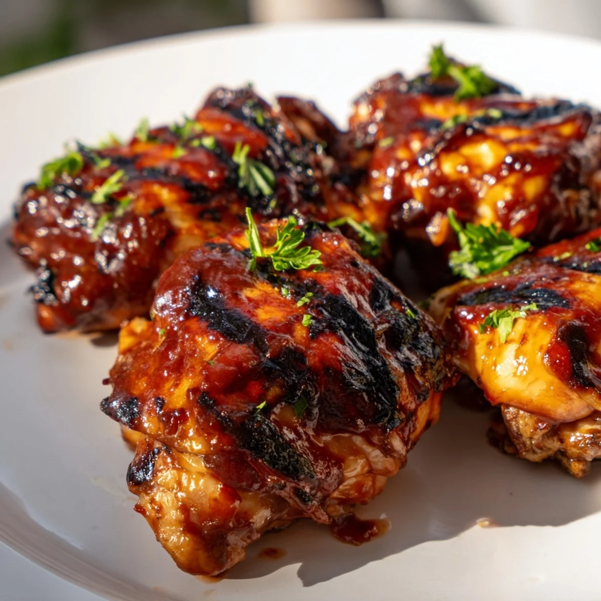 Smoky barbecue chicken with charred skin resting on a rustic wooden cutting board