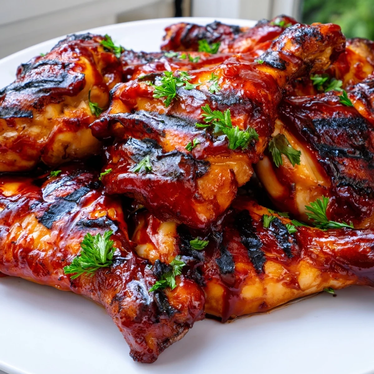 Barbecue chicken pieces glistening with tangy sauce served alongside fresh grilled corn