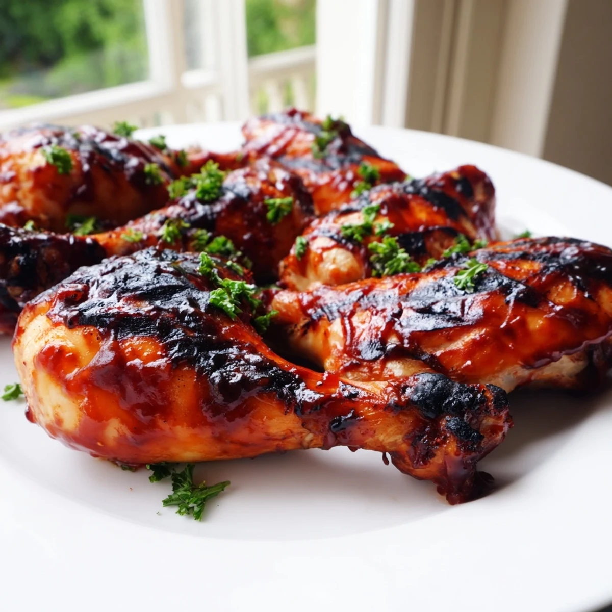 Caramelized barbecue chicken thighs and drumsticks garnished with parsley on a summer platter