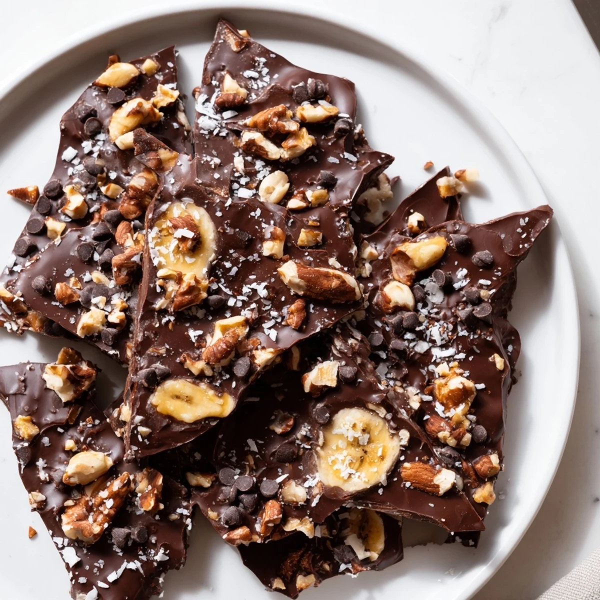 Dark chocolate banana bark studded with crunchy almonds and shredded coconut