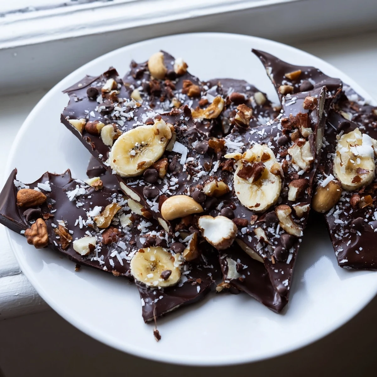 Glossy chocolate banana bark broken into rustic shards on parchment paper