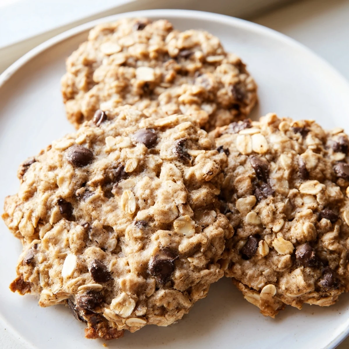 Golden chewy banana oatmeal cookies with chocolate chips cooling on a wire rack