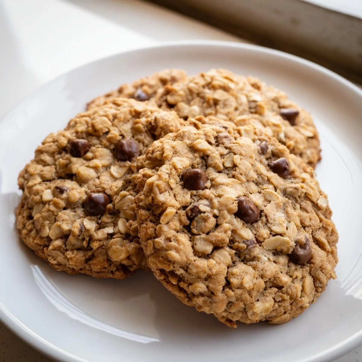 Soft banana oatmeal cookies with cracked tops stacked on a rustic plate