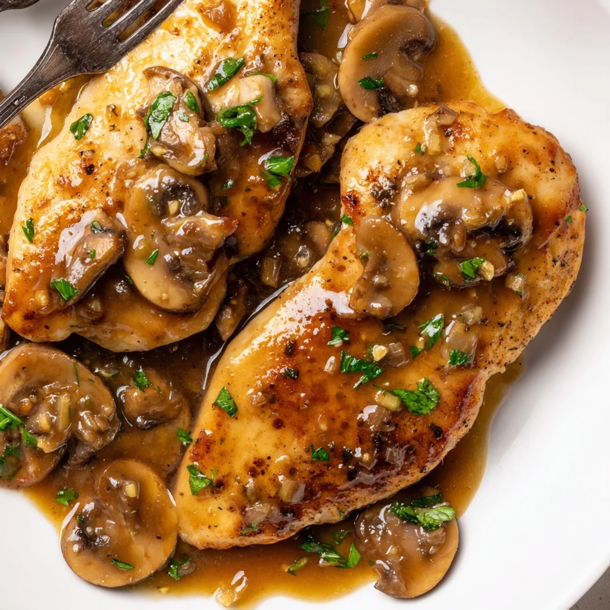 Golden chicken breasts in rich Marsala wine sauce with sautéed cremini mushrooms and fresh parsley