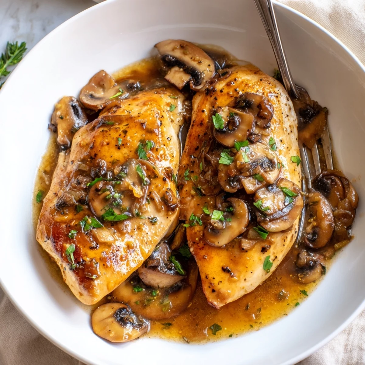 Dairy Free One Pan Chicken Marsala served over creamy mashed potatoes with garnished herbs