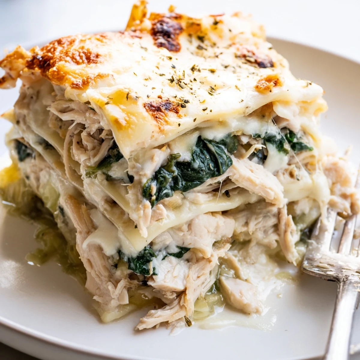 Golden bubbling white chicken lasagna with melted mozzarella and fresh spinach layers