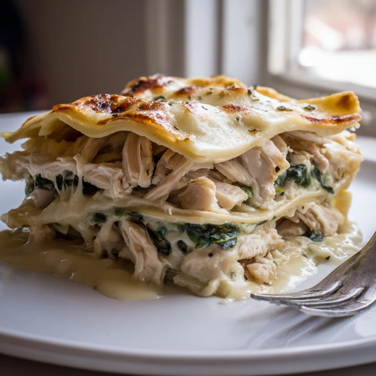 Creamy white chicken lasagna slice served on a rustic ceramic plate