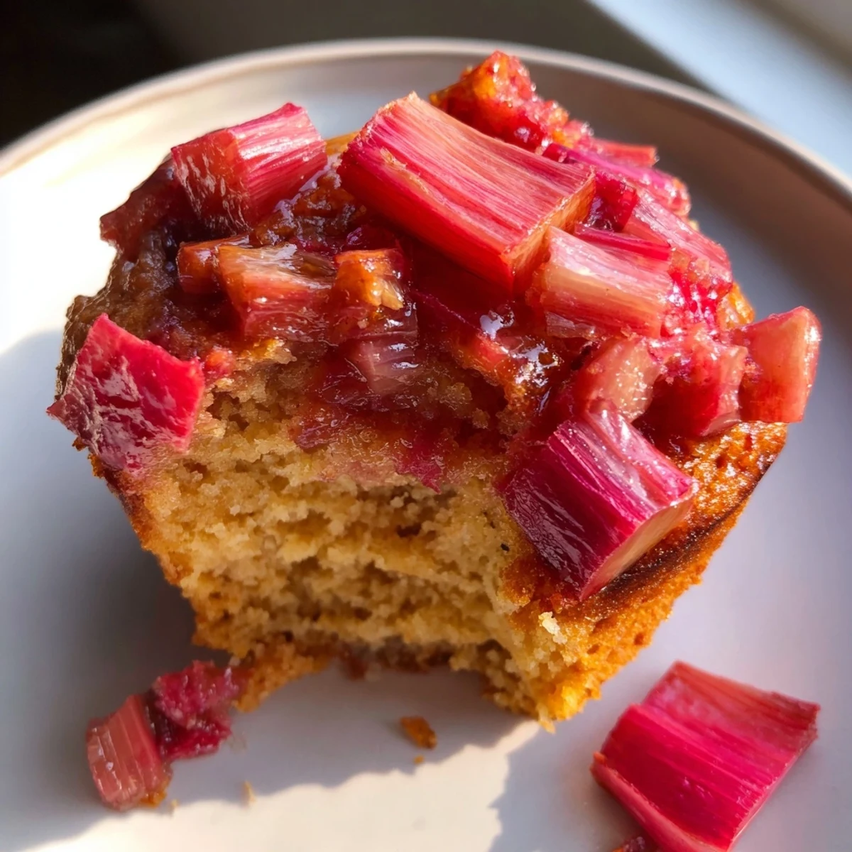 Golden upside down rhubarb muffins with caramelized pink fruit crowning tender vanilla crumbs