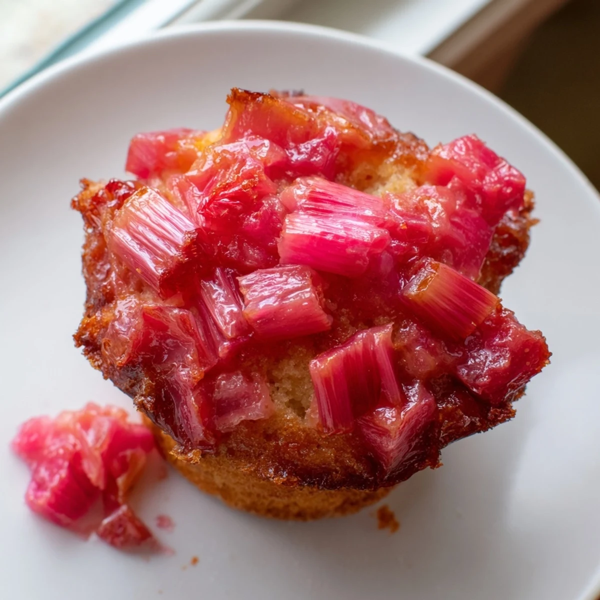 Warm upside down rhubarb muffins fresh from the oven showing glistening jewel-toned rhubarb topping
