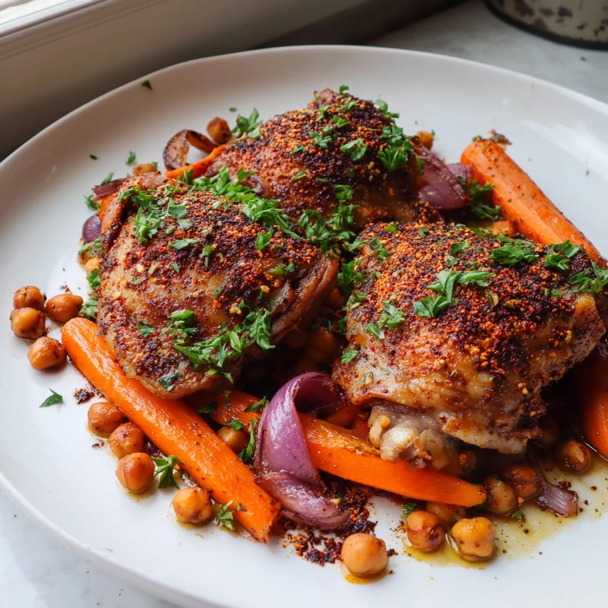 Golden sumac chicken with carrots and chickpeas roasted on a sheet pan
