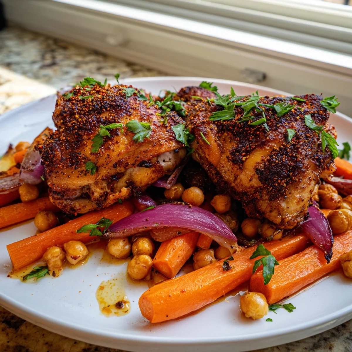 Crispy-skinned sumac chicken nestled among tender roasted carrots and seasoned chickpeas