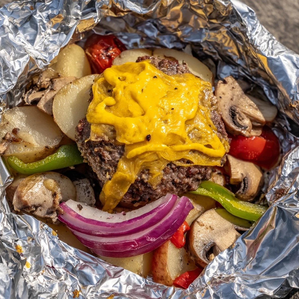 Golden campfire cheeseburger hobo packets with melted cheddar and tender seasoned vegetables