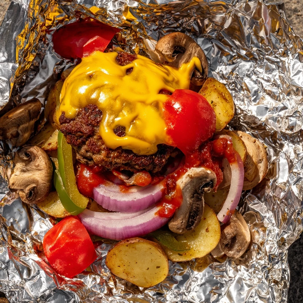 Steaming campfire cheeseburger hobo packets served on buns with ketchup and mustard