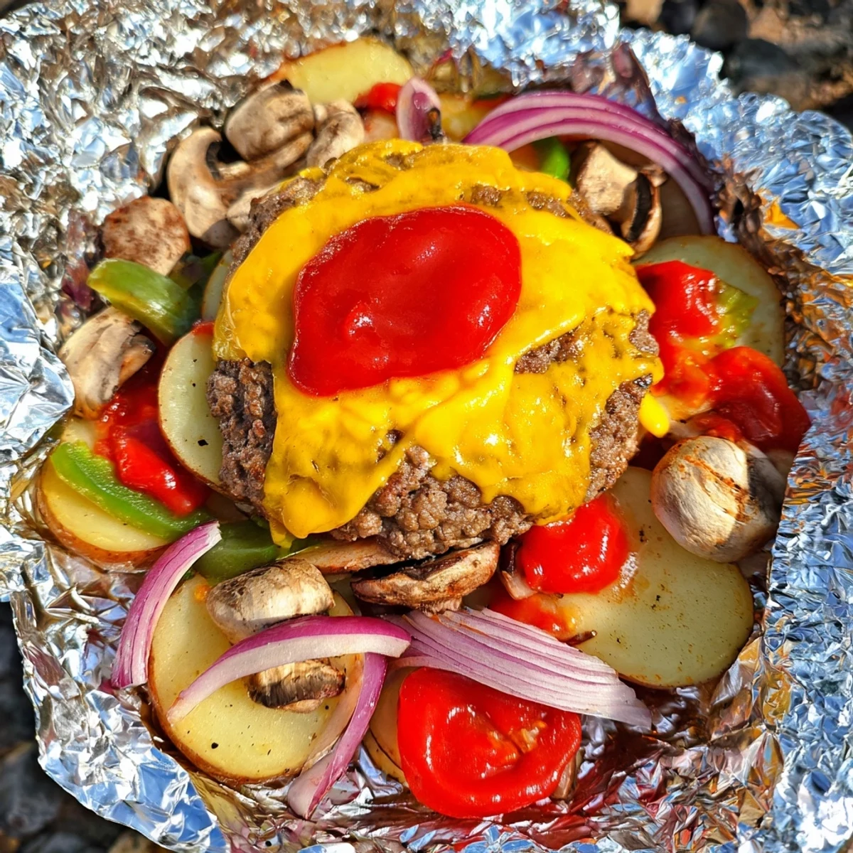 Juicy campfire cheeseburger hobo packets topped with melted cheese and colorful roasted vegetables