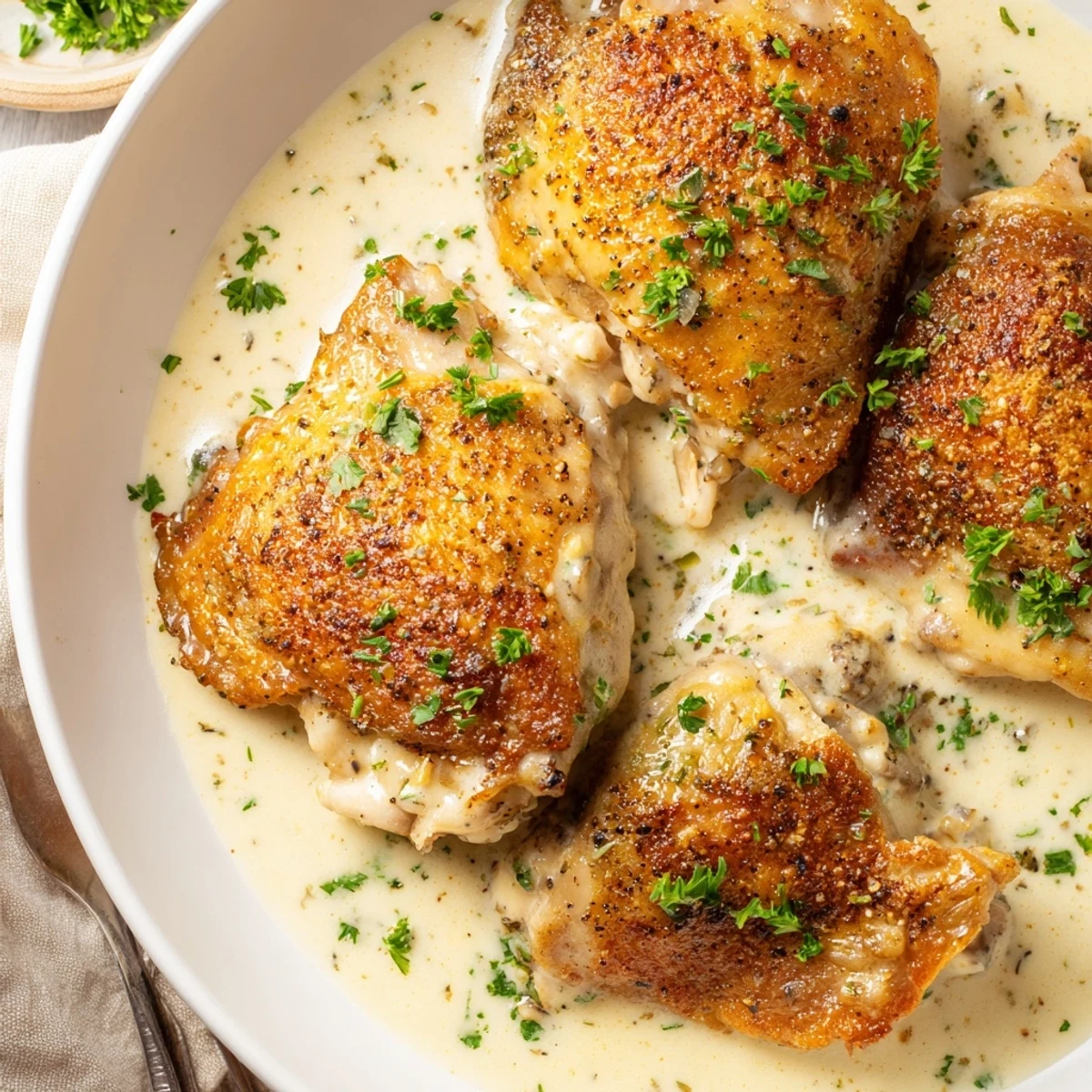Golden creamy oven baked chicken thighs in a rich herb garlic sauce