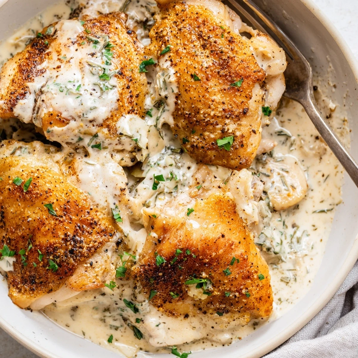 Juicy creamy oven baked chicken thighs drizzled with garlic thyme cream gravy