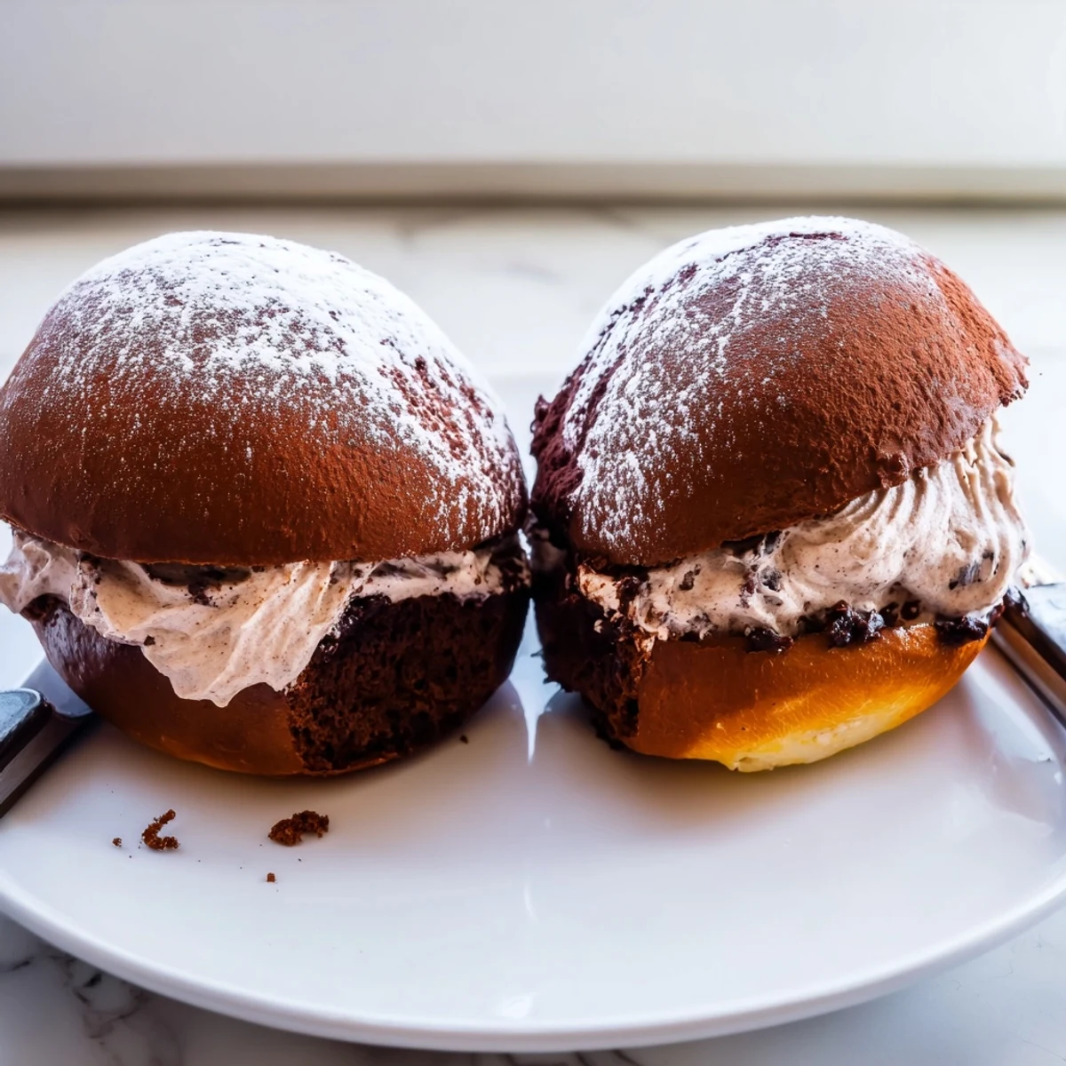 Freshly baked Italian Chocolate Maritozzi buns split open and piled with dark chocolate whipped cream