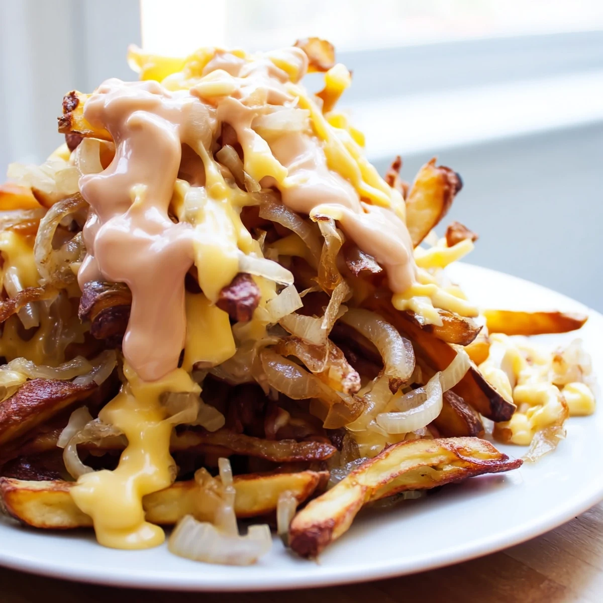 Golden crispy Animal Style Fries loaded with melted cheese and caramelized onions in a cast iron skillet