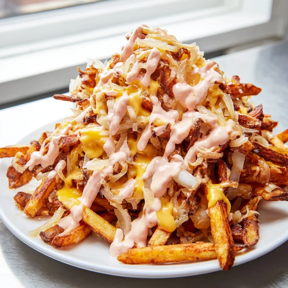 Steaming pile of Animal Style Fries drizzled with tangy pink sauce and gooey melted American cheese
