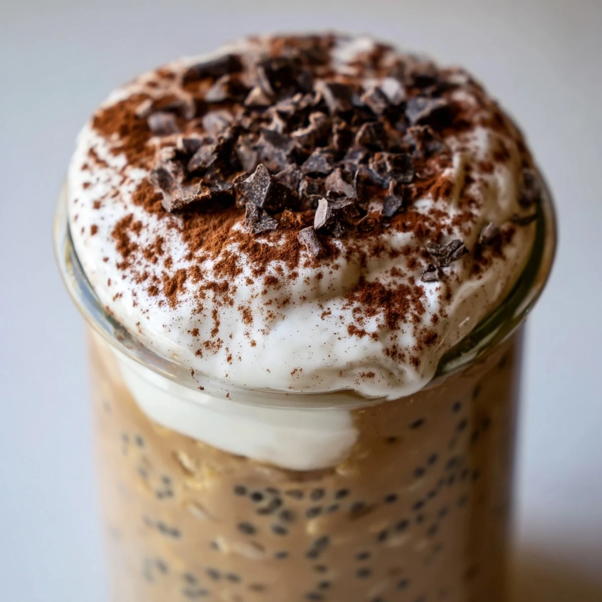 Creamy tiramisu overnight oats layered in a jar with rich cocoa dusting and chocolate shavings