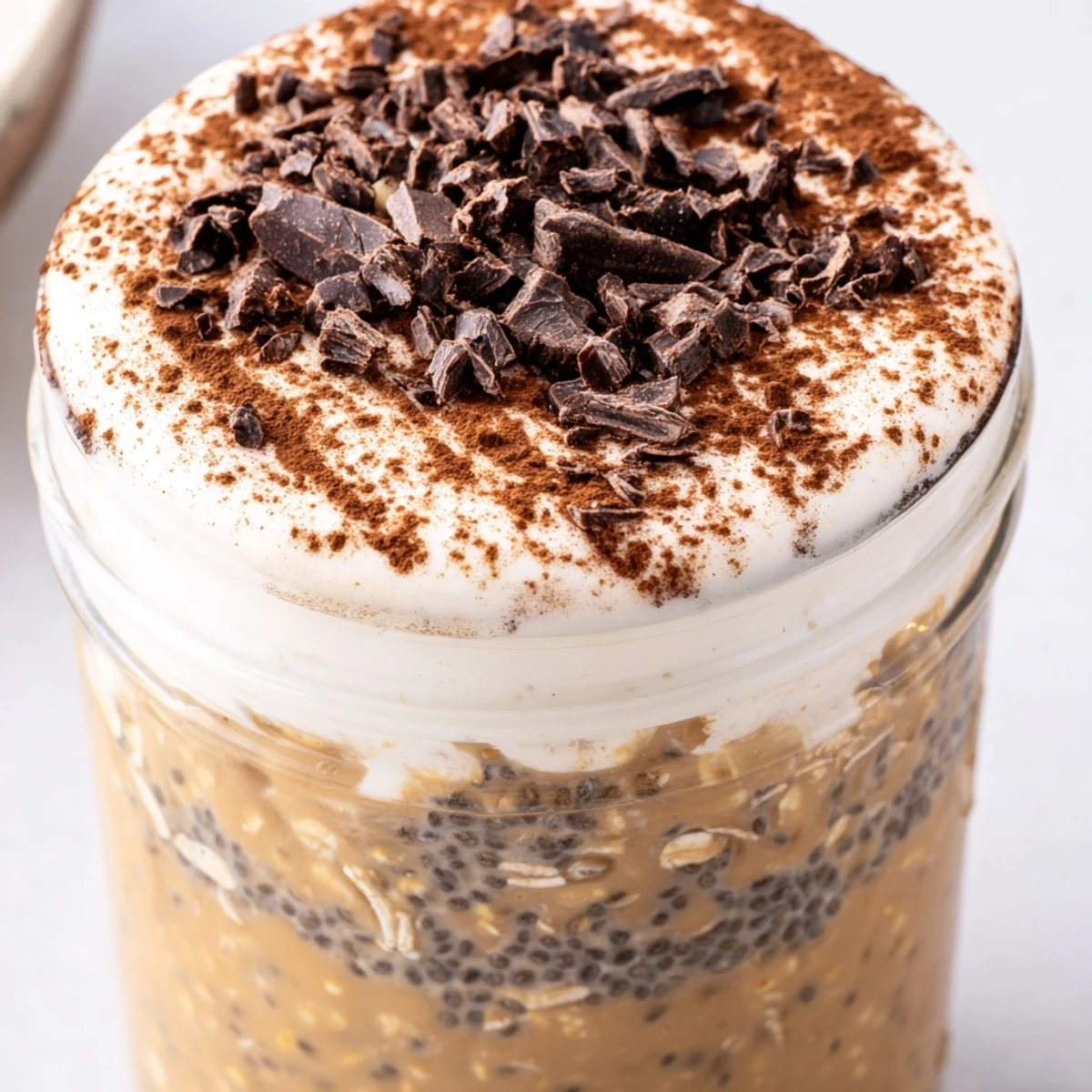 Coffee-infused tiramisu overnight oats in mason jars dusted with cocoa for a decadent morning breakfast