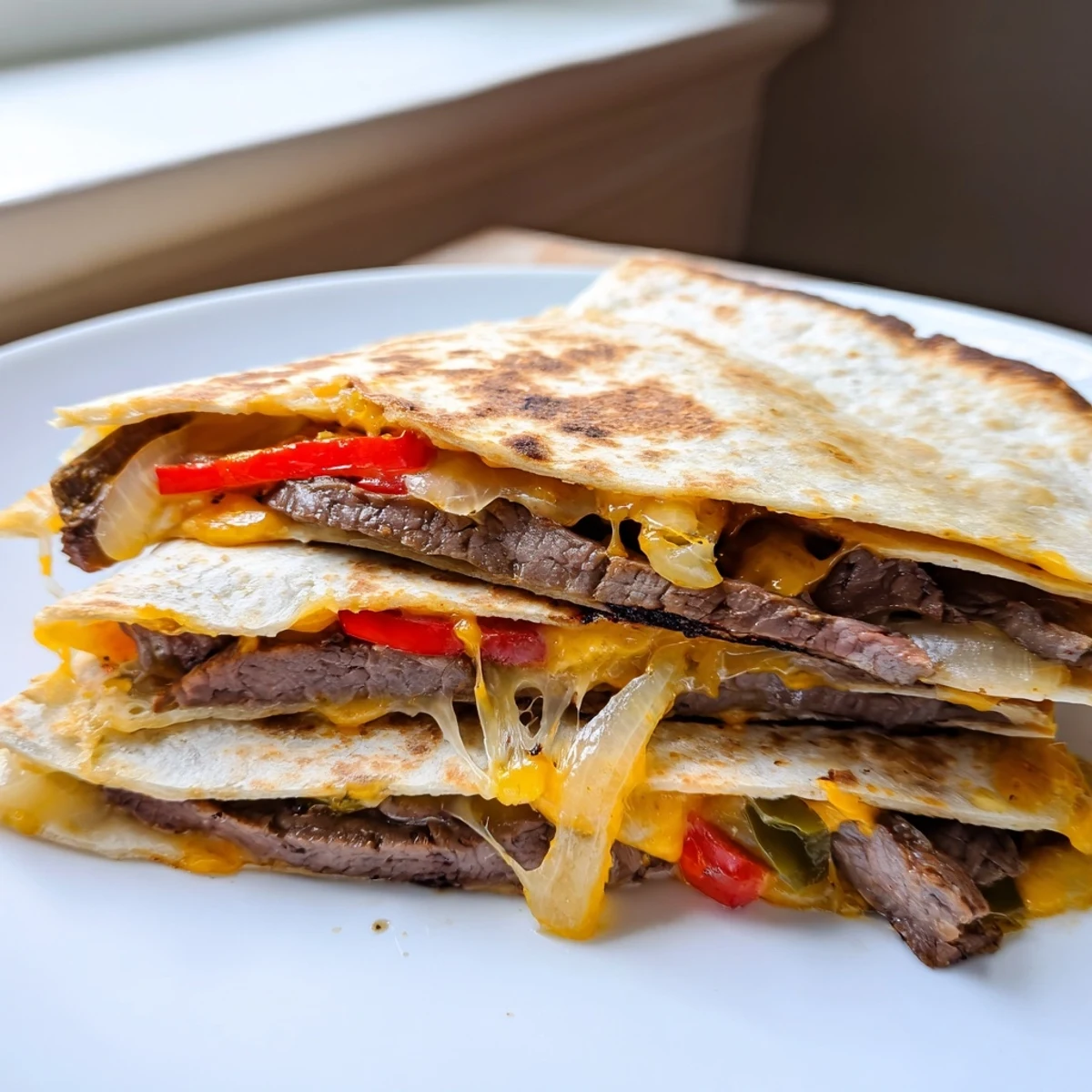Juicy grilled steak quesadillas cut into wedges served with sour cream and salsa