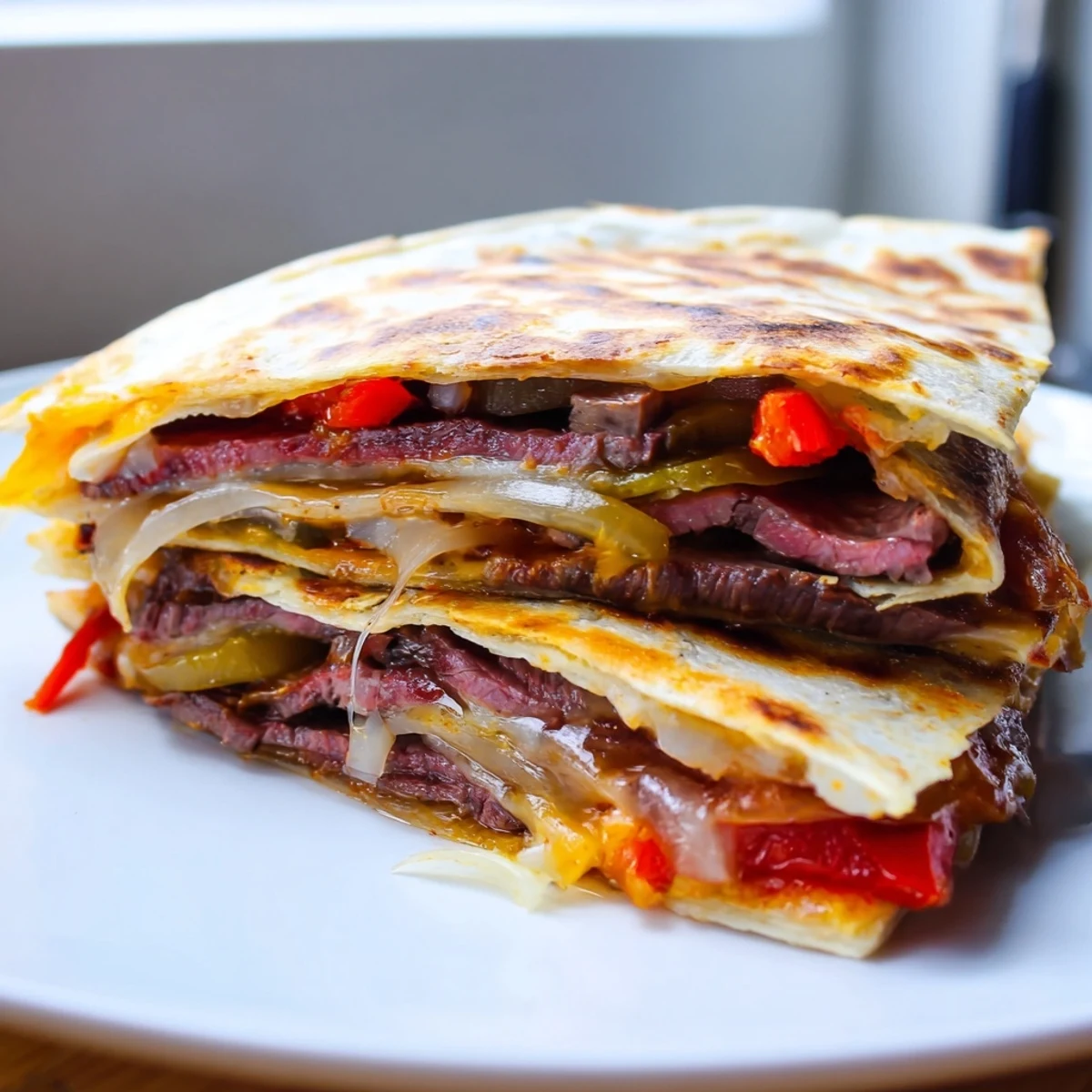Crispy golden steak quesadillas oozing with melted cheese and colorful sautéed vegetables