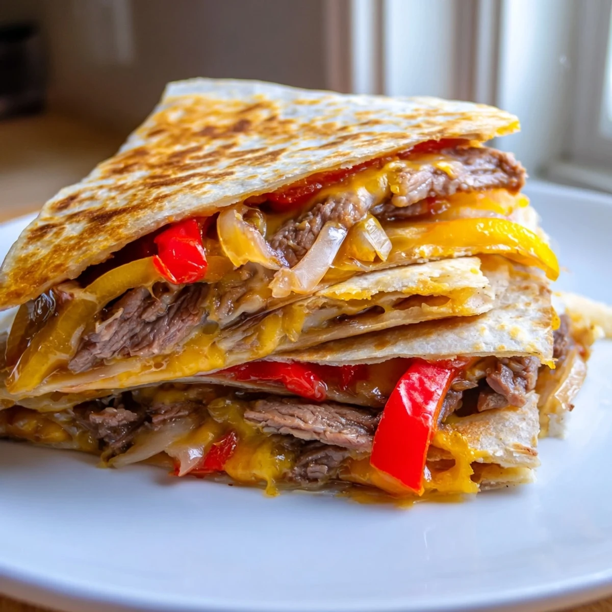 Steak quesadillas with melted Monterey Jack cheese in a perfectly toasted flour tortilla